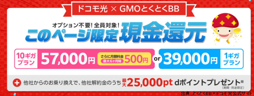 GMOとくとくBB×ドコモ光限定公式サイトのキャッシュバックは最大10ギガで最大57,000円