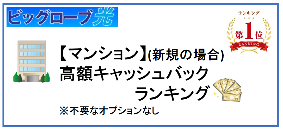 【ビッグローブ光】マンションの新規の場合の高額キャッシュバックランキング