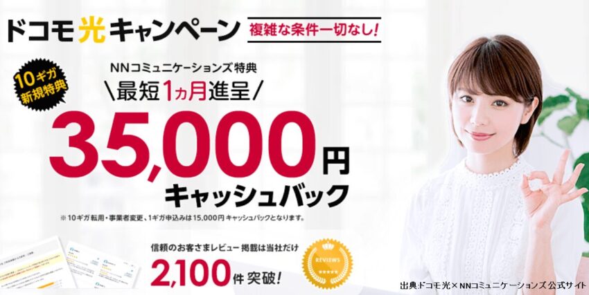 ドコモ光の販売店NNコミュニケーションズのキャッシュバックは最大35,000円
