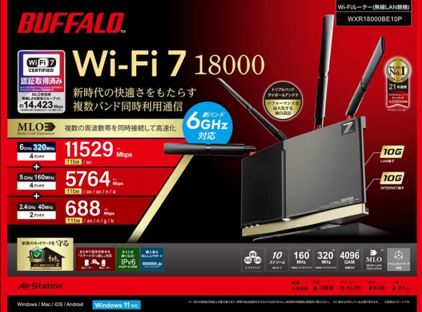 大特価【Wi-Fi 7対応】6GHzで最大11529Mbps！バッファロー/WXR18000BE10P