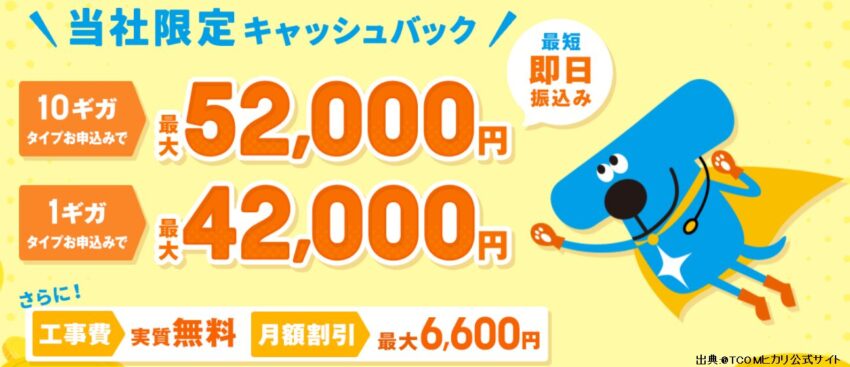 @TCOMヒカリ公式の事業者変更のキャッシュバックは10,000円
